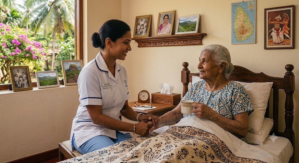 Sarva Home Nursing Service — a trained Sri Lankan nurse caring for an elderly patient at home